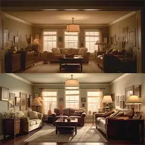 Room under various lighting conditions illustrating paint color differences