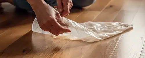 Person wiping a hardwood floor with a soft cloth for damage prevention