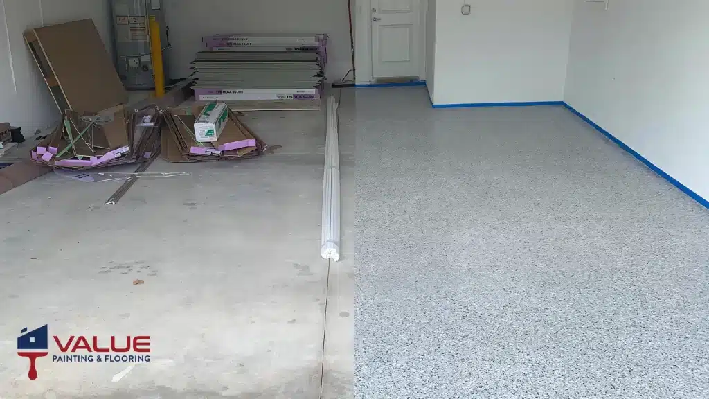 Before and after transformation of a garage epoxy floor by Value Painting and Flooring