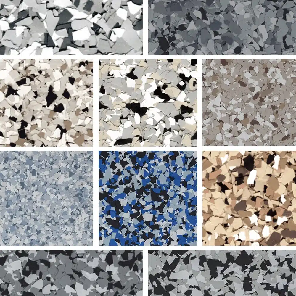 A variety of colorful epoxy flakes for flooring options