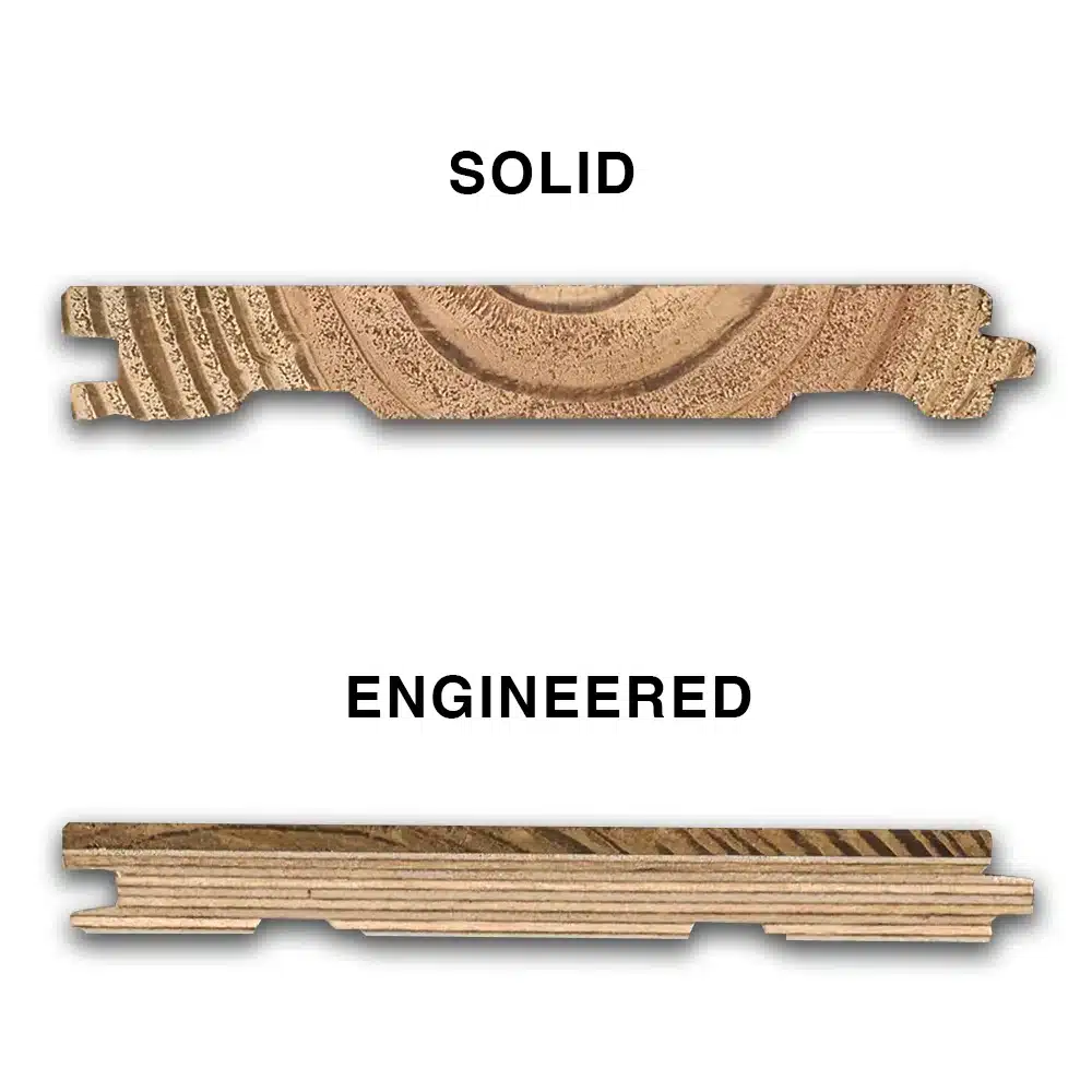 A side view comparison of solid hardwood and engineered hardwood, highlighting their distinct construction and characteristics.
