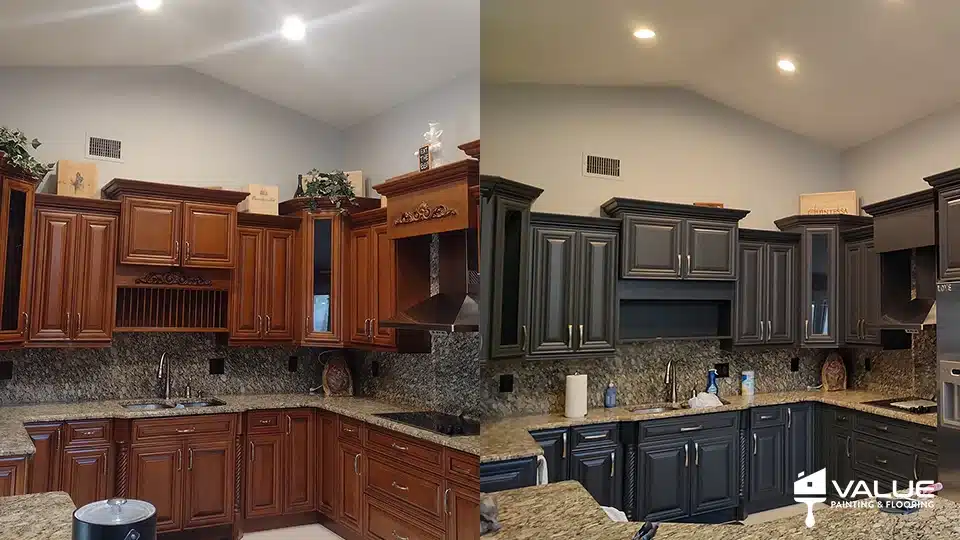Before and after cabinet painting project by Value Painting and Flooring