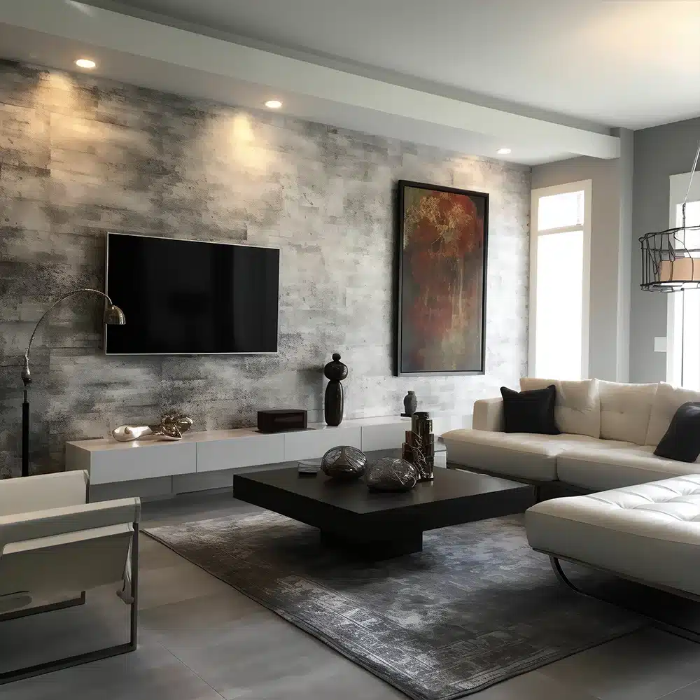 A contemporary living room featuring a unique faux wall finish