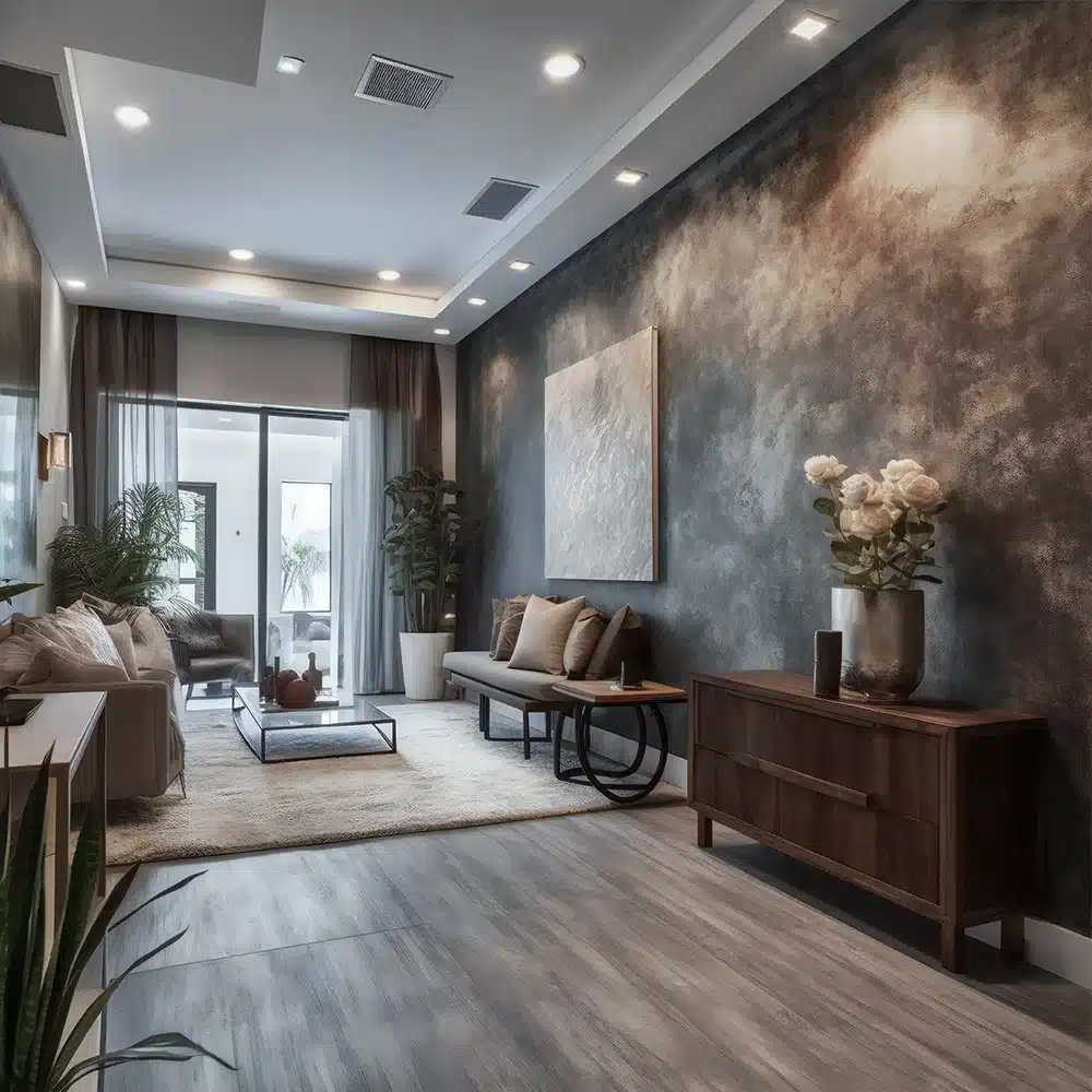 A cozy living room with a faux finished wall, featuring faux & Venetian plaster techniques