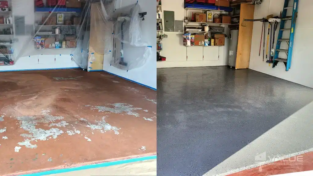 A before-and-after photo showcasing the dramatic transformation of a garage's flooring in Pembroke Pines with expert epoxy flooring services from Value Painting and Flooring.
