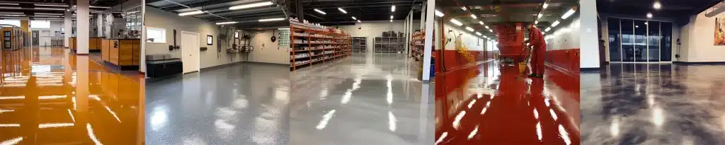 Collage of various floor painting services, including Concrete Staining, Polyurethane Coatings, Epoxy Floor Coatings, Acrylic Sealers, and Garage Floor Coatings