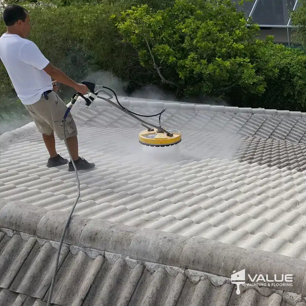 A diligent worker skillfully pressure washing a roof, removing dirt and debris for a clean and well-maintained appearance.