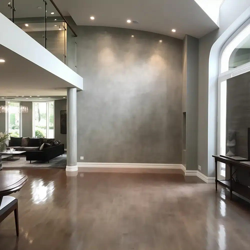 A contemporary living room showcasing a Venetian plaster wall finish