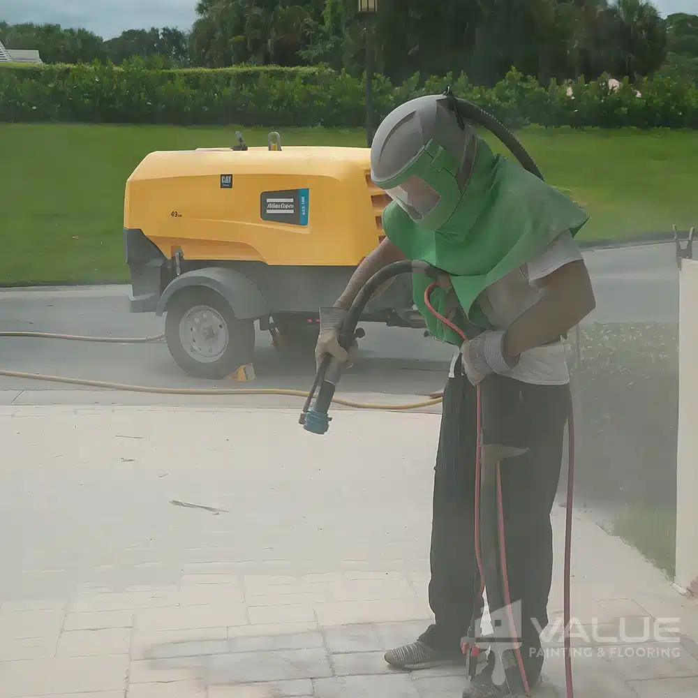 Skilled worker using abrasive sandblasting equipment to revitalize a residential walkway