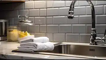 Close up of a dry cloth cleaning a backsplash