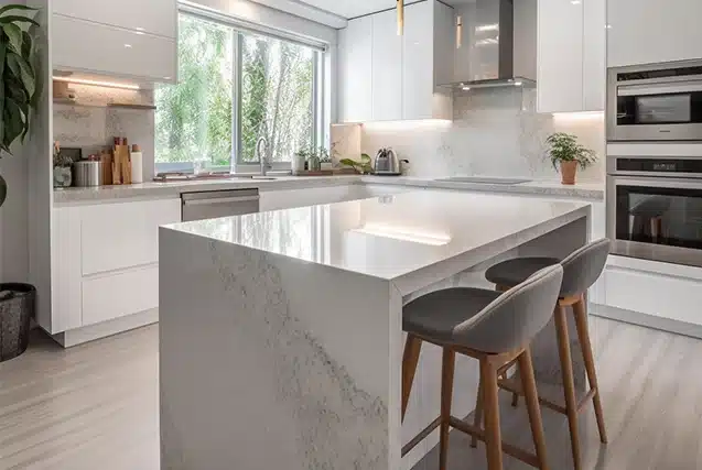 A modern kitchen featuring an epoxy countertop