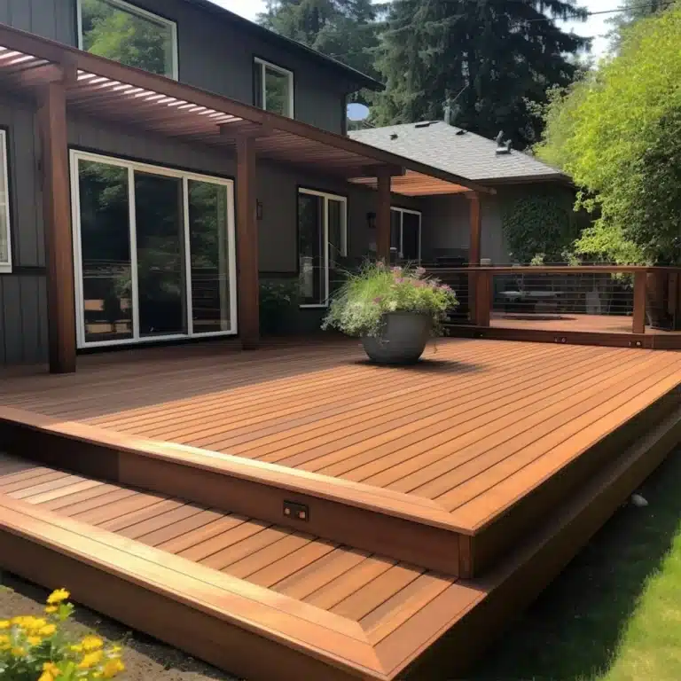 Local home featuring a beautifully stained deck.