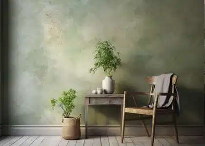 A wall with the rustic finish of lime washing.