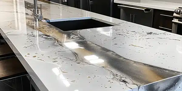 Closeup shots of various epoxy style countertops-metallic