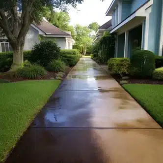 Walkway displaying a clear before and after contrast due to pressure washing.