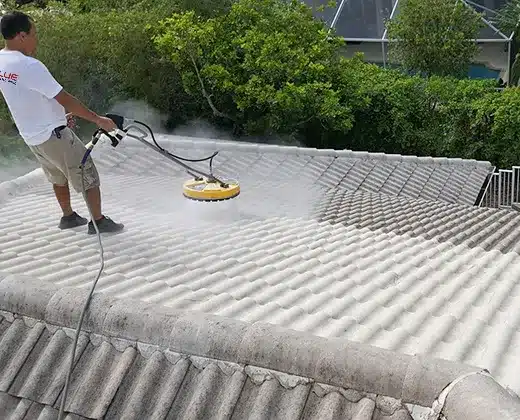 Value Painting and Flooring worker power washing a roof.