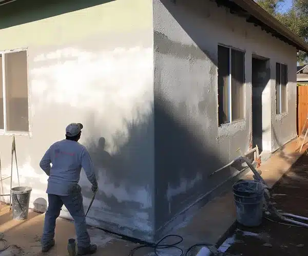 Value Painting and Flooring worker priming the exterior walls