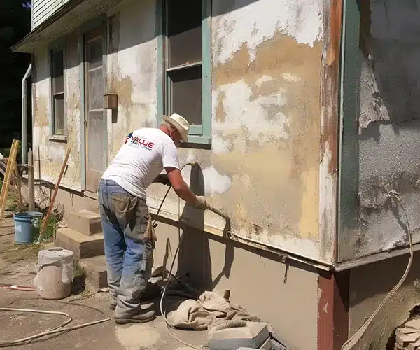 Value Painting and Flooring worker sanding the exterior walls