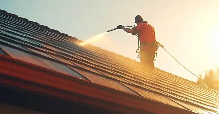 Worker meticulously power washing a roof.
