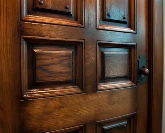 Close up of a professionally varnished door as part of a staining and varnishing service.