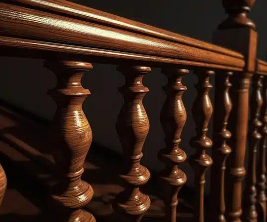 Closeup shot of a stair rail with varnish and stain.