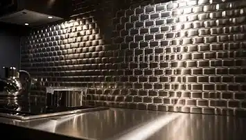 Stainless steel tile backsplash in kitchen