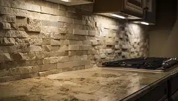 Stone-like tile backsplash in kitchen