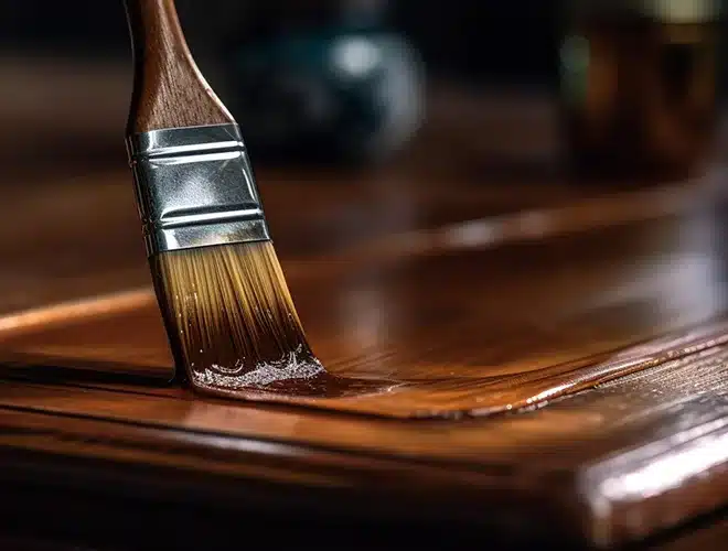 Close up of varnish being applied during a staining and varnishing project.