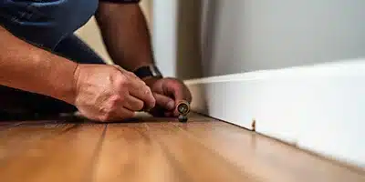 Value Painting worker installing baseboard.