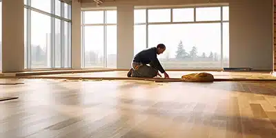 Value Painting worker installing engineered hardwood flooring