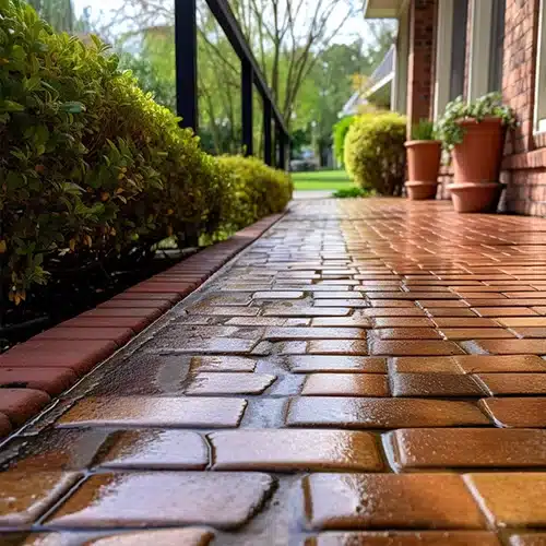 Closeup image of a walkway undergoing pressure washing, showing the dramatic before-and-after difference