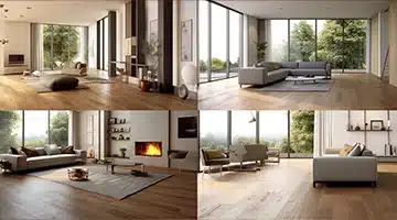 Collage of different spaces with installed laminate flooring.
