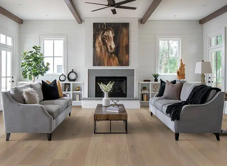 Living room with Woodura misty white oak flooring