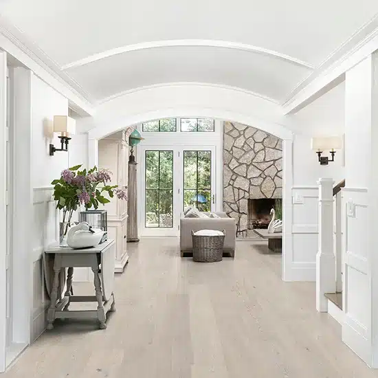 Living room with Woodura powder white oak flooring